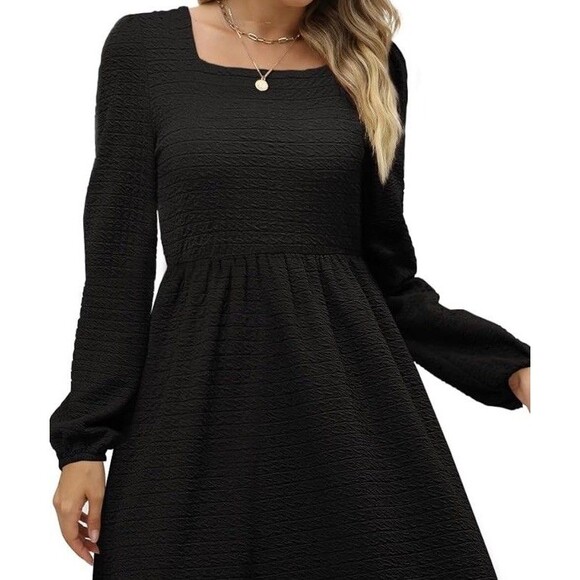 Womens Long Sleeve Knit Dress Square Neck Knee Length Casual Babydoll Black XS - Picture 1 of 7